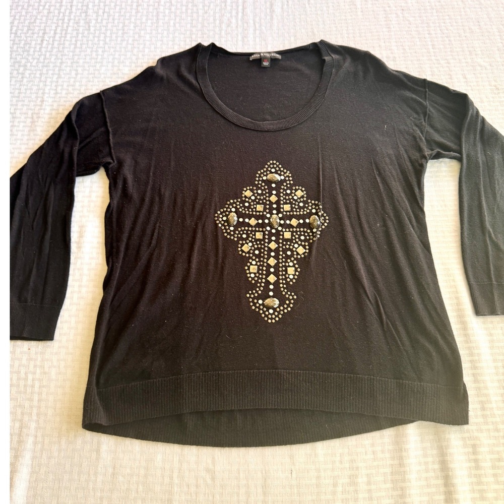 Rock & Republic Black Rhinestone Cross Sweater XL Gothic‎ Grunge Studded Top